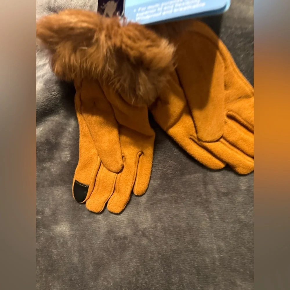 Faux Fur Trimmed Beige/Brown Gloves